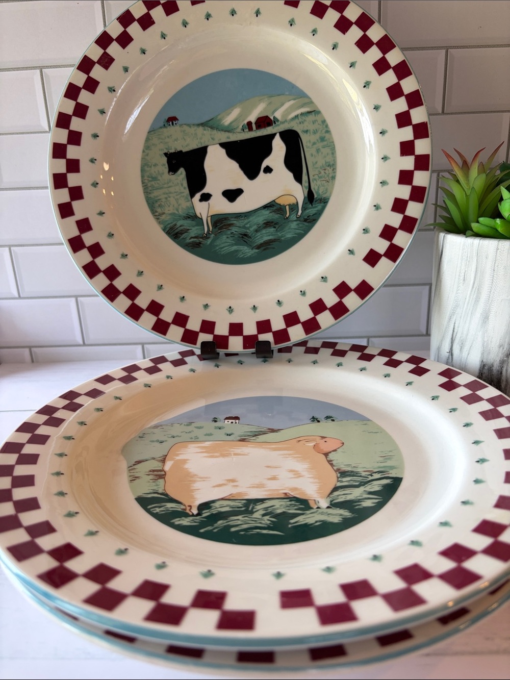 Country Farm Animal Dinner Plates in Red and Cream